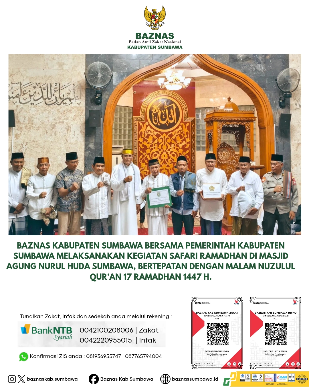 Safari Ramadhan dan Peringatan Nuzulul Quran BAZNAS Sumbawa Salurkan Bantuan Paket Sembako