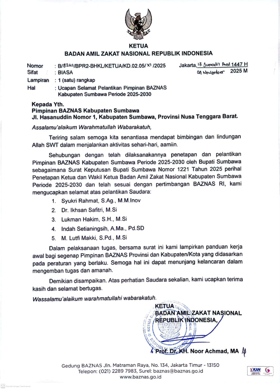 Ucapan Selamat atas Pelantikan Pimpinan BAZNAS Kabupaten Sumbawa Peride 2025-2030 oleh Ketua BAZNAS  - (Ada 0 foto)